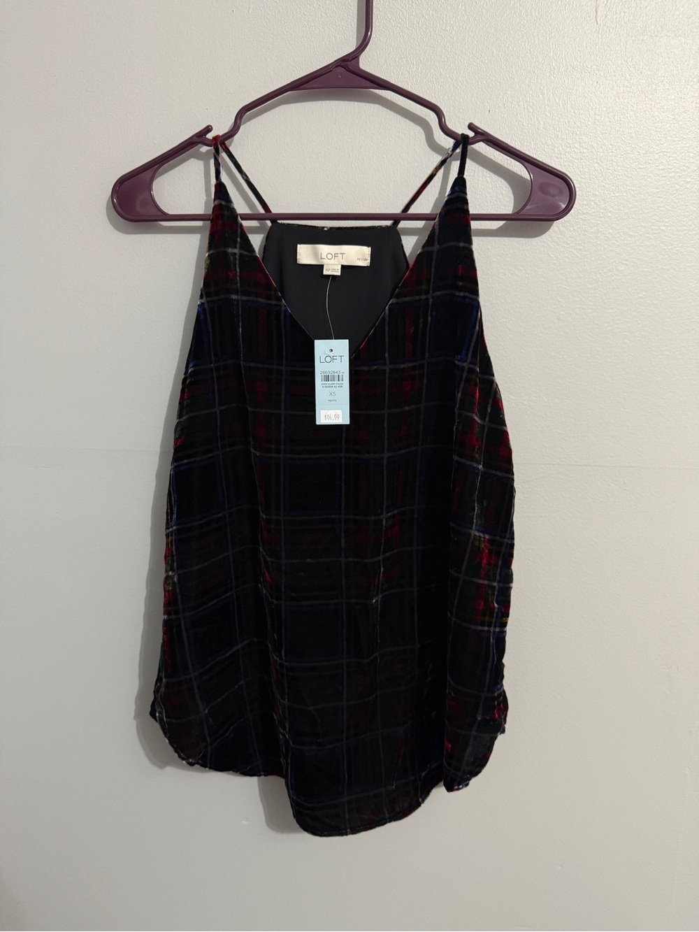 Loft Top Womens Extra Small Petite Plaid Velvet Sleeveless V Neck Holiday Party